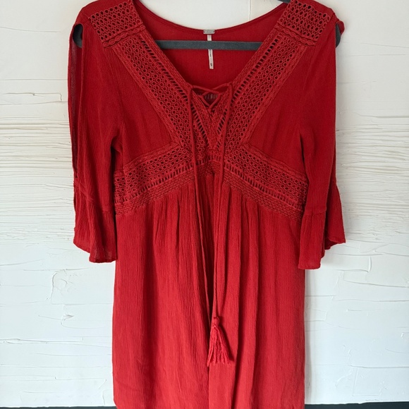 Harlow | XS | Red Boho Lace Trim Peasant Dress - Picture 2 of 6